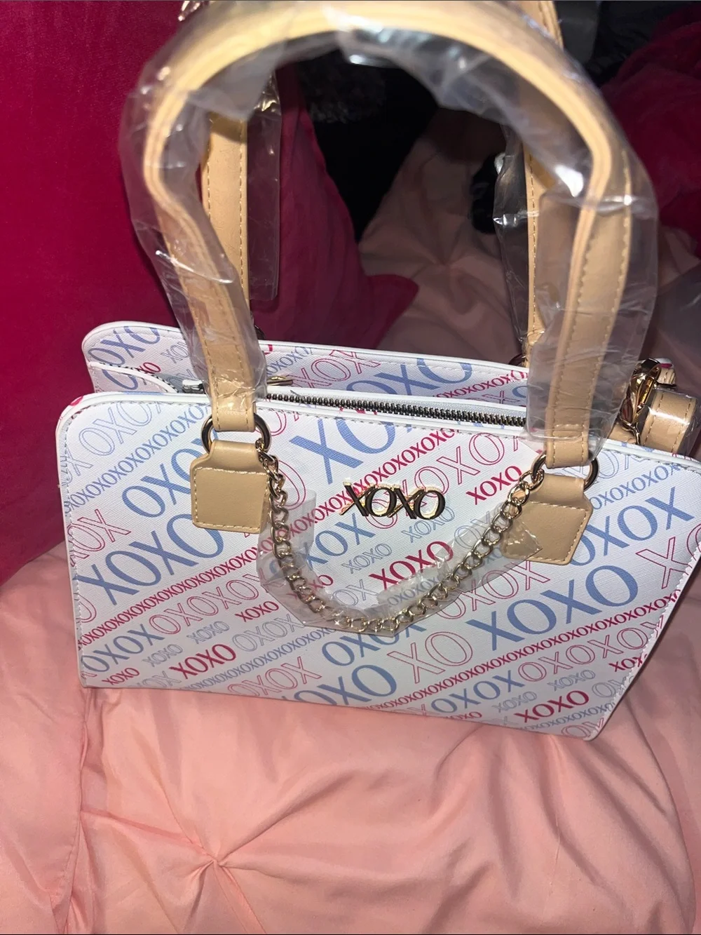 XOXO White Satchel with Red & Blue Logo Print and Tan Handles